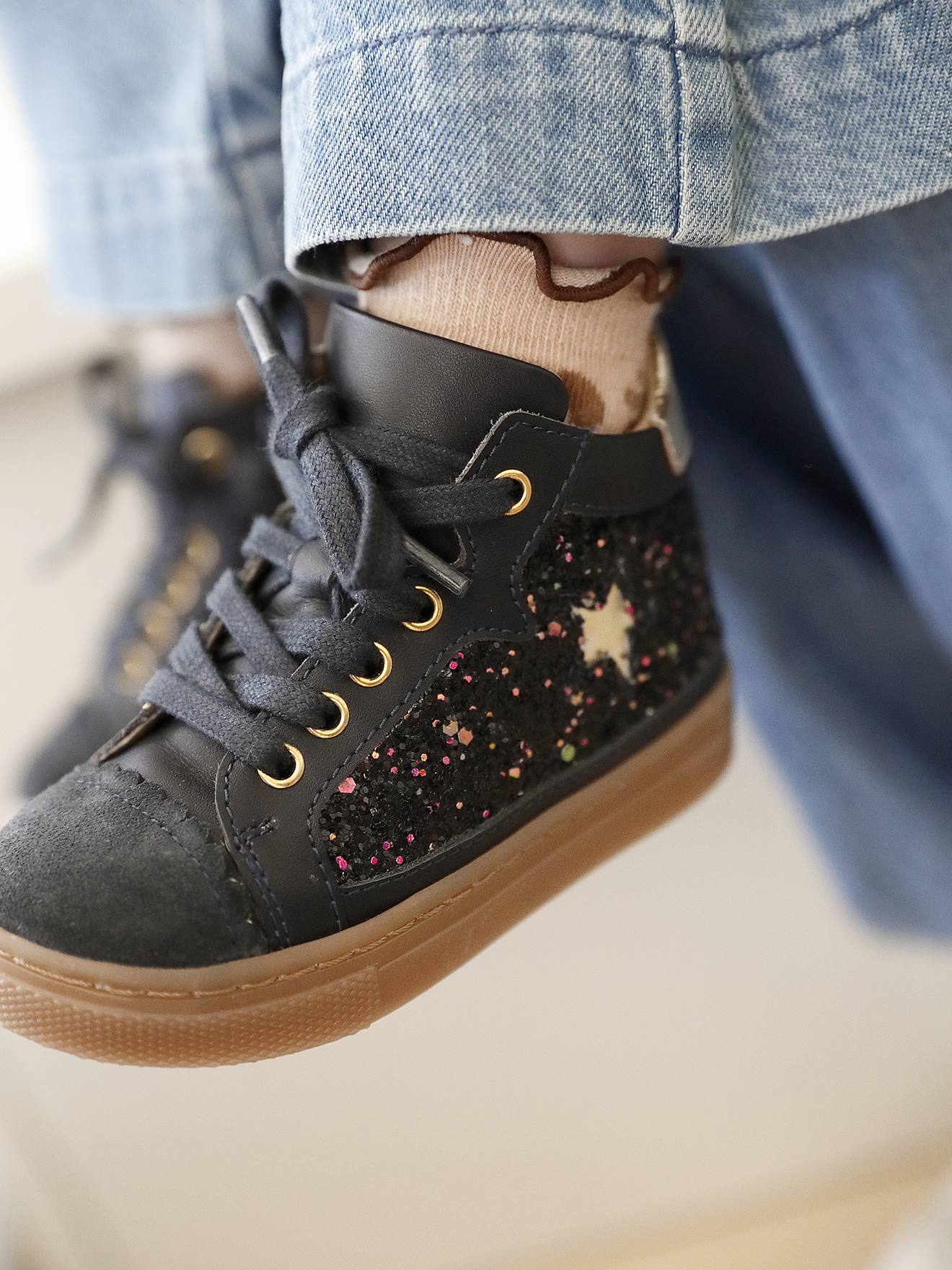 Baby High-Sneakers aus Leder mit Reißverschluss und Glitzer