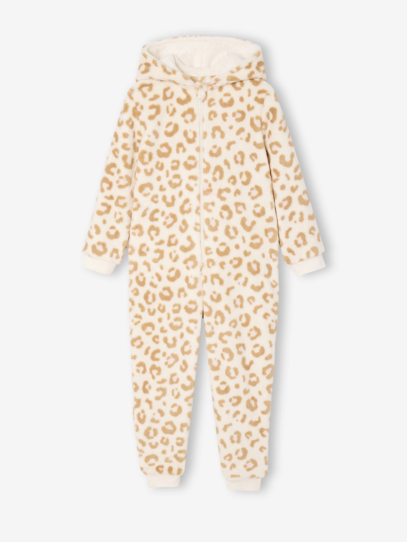 Schlafanzug mit Leo-Print und Kapuze aus Teddyfleece