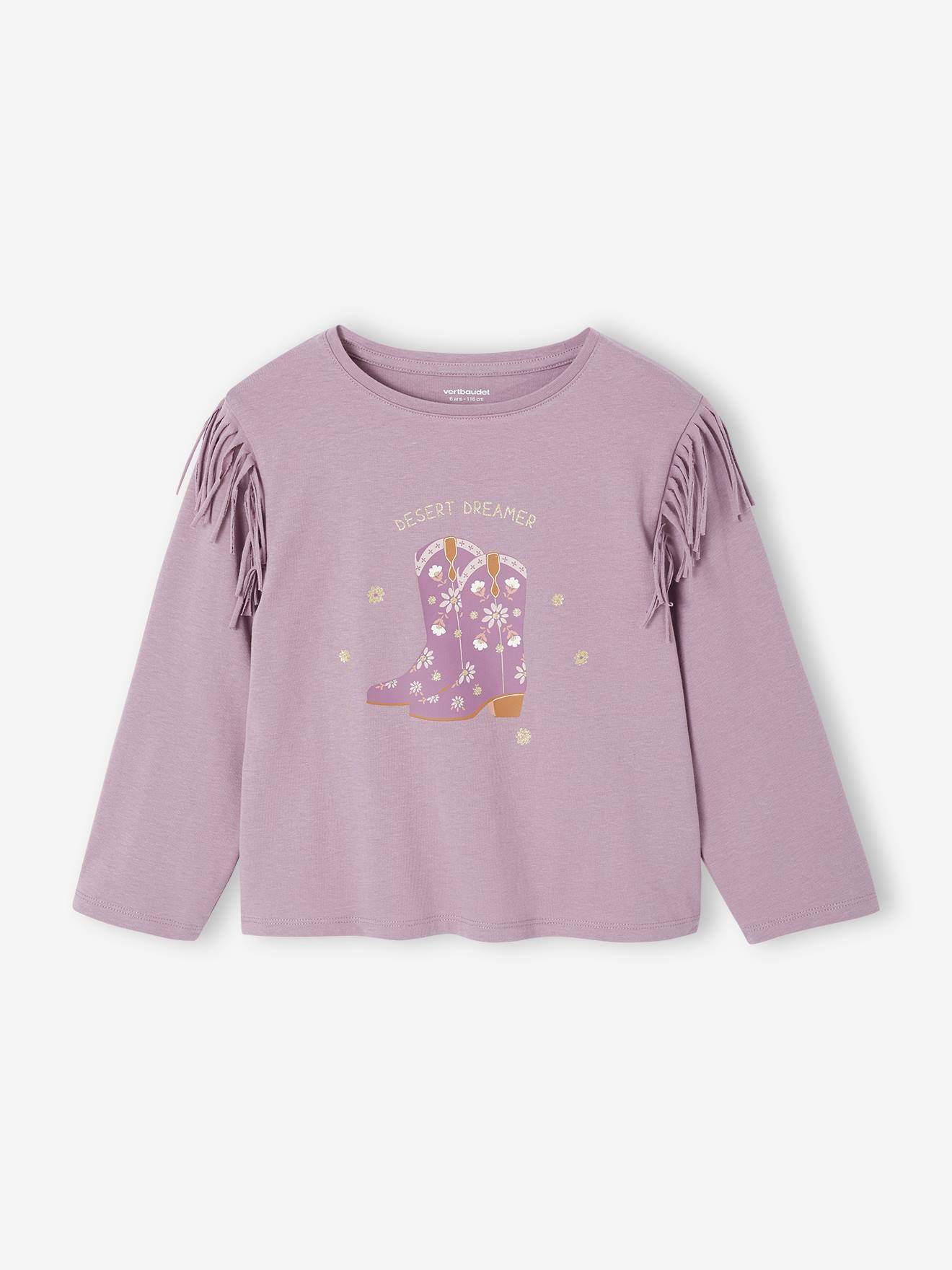 Mädchen Langarmshirt mit Fransen und Cowboy-Boots-Motiv